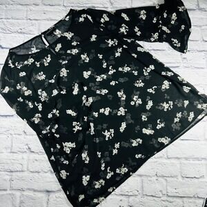 Lane Bryant Women Black White Floral Sheer 3/4 Bell Sleeve Blouse Top Size 14 XL